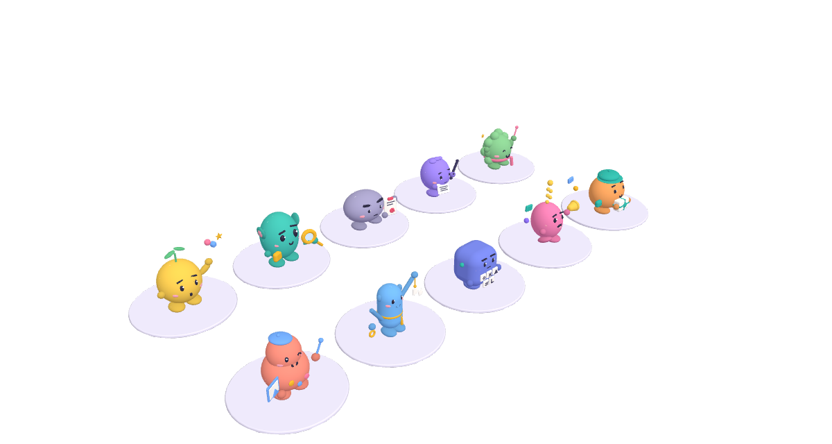 The ten troll specialists of the village, each on its own stone.